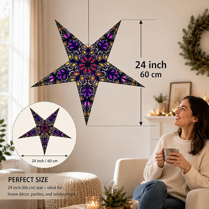 Lantern Lampshade Paper Star Light Shades Large 60cm Hanging Decorations for Christmas Wedding Home Decoration Birthday Party Foldable 5 Pointed Star (Blue, Black, Yellow)