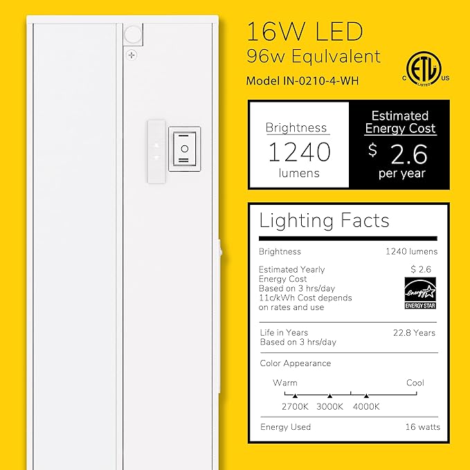 Getinlight 32-inch 3 Color Levels LED Under Cabinet Lighting, Hardwired or Plugged-in, Selectable White 2700K/3000K/4000K, Dimmable, White Finished, IN-0210-4