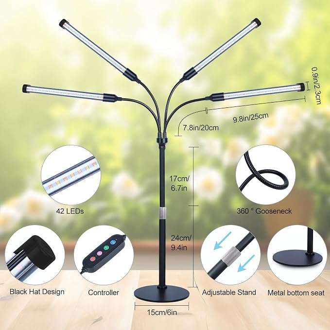 4Head Desk Grow Light, Tabletop LED Grow Lights for Indoor Plants for Bonsai, Seed Starting, Succulents, 36 Watt Power Draw, 4/8/12/16/20H Timer, 16"-24" Height Adjustable