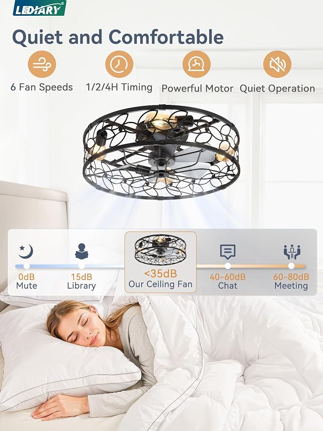 LEDIARY 23" Caged Ceiling Fan with Light, Flush Mount Fandalier with Remote | Low Profile, Farmhouse Large, Bladeless Industrial, Quiet DC Motor, App Control for Bedroom, Kitchen, Dining Room, Black