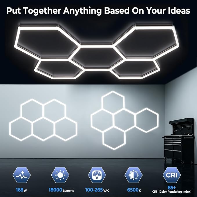 Hexagon LED Garage Lights 2026 Updated,1.3-inch Widened Light Surface, 168W 18000LM 6500K 5 Grids, Thickened-PC Shell, LED Shop Lighting for Garage, Car Detailing, Gym, Workshop, Basement