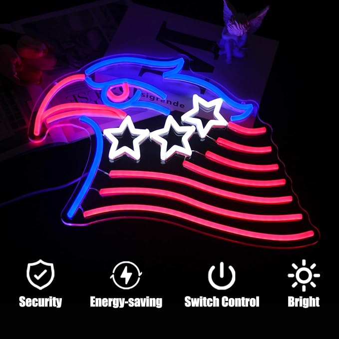 Patriotic Eagle Flag Neon Sign USA Stars and Stripes Light for Wall Decor | Dimmable 4th of July Neon Sign, Acrylic Eagle LED Neon Lights for Bedroom, USB Powered, Memorial Day American Eagle Day Decor