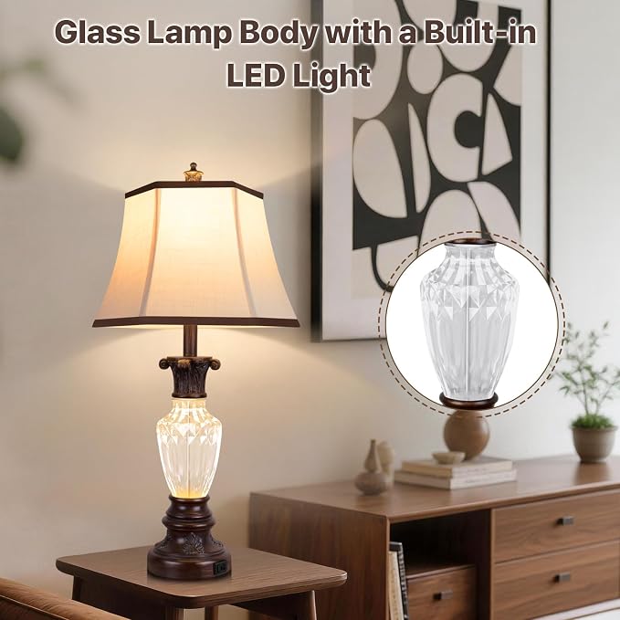 28.5" Table Lamps Set of 2, Vintage Glass Nightstand Lamps with USB Ports | Farmhouse Lamps for Living Room Bedroom, 3-Color Temperatures Bedside Lamp, Resin Brown Lamp with Nightlight, Bulbs Included