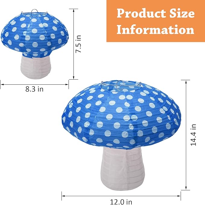 4Pcs Mushroom Shaped Paper Lanterns - Large Mushroom Shaped Lanterns For Nursery, Garden, Christmas Party Decoration - 8 inch, 12 inch (Blue)