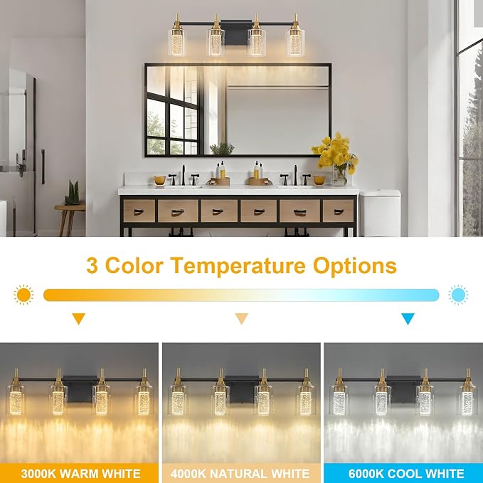 Vanity Light with 3 Color Modes (3000K/4000K/6000K), Eye Protection LED Bathroom Light Fixture, Dimmable Modern Wall Light Over Mirror with Clear Glass Shade (Black and Gold, 4-Light)