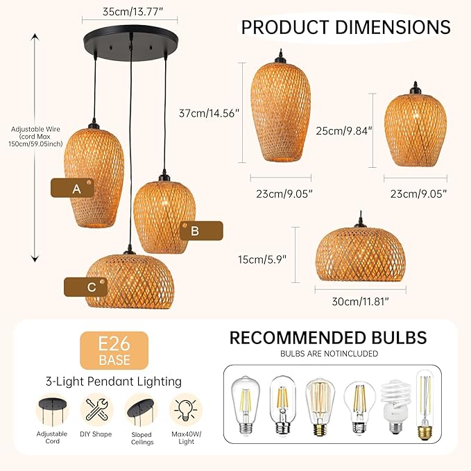 Rattan Pendant Light Bamboo Hanging Light 3-Lights Boho Pendant Light Fixture Woven Basket Wicker Shade Rattan Chandelier for Living Room Dining Room Kitchen