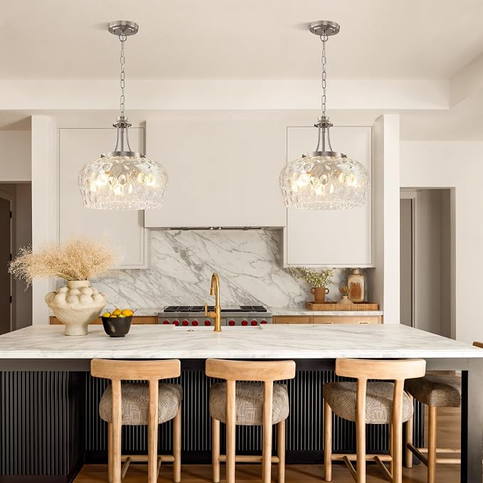 Modern Pendant Lights Kitchen Island, 3-Light Brushed Nickel Pendant Light Fixtures with 14.2" Clear Hammered Glass Shade, Hanging Pendant Lights Fixture for Kitchen Island Dining Room Foyer Entryway