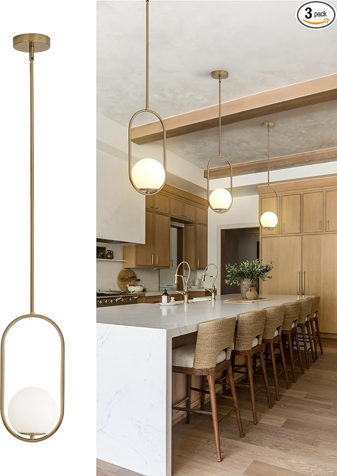 Yunnix 3 Pack Pendant Lights Kitchen Island, Pendant Light Fixtures, Modern Champagne Bronze Globe Glass Pendant Lighting, Mid Century Chandelier One Light for Bathroom Bedroom