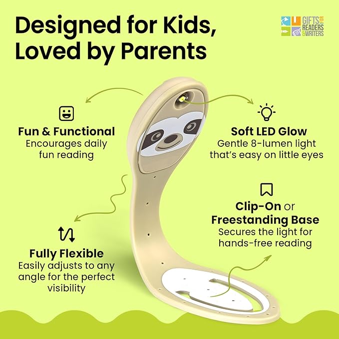 Gifts for Readers & Writers Book Light, Clip On Reading Light for Bed, 2in1 Flexilight & Bookmark, Small & Lightweight with a Soft Glow, 2 Batteries Included, Sloth