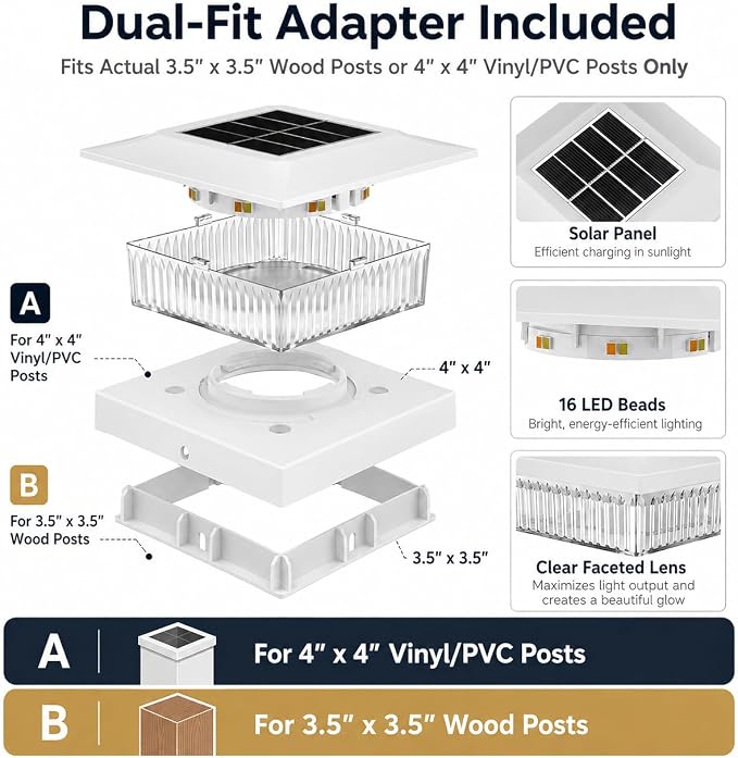 16 Pack Solar Post Cap Lights 4x4, Dual-Color Waterproof Fence Post Solar Lights, Fits 4x4 Vinyl or 3.5x3.5 Wood Posts, Dusk to Dawn Outdoor Lighting for Deck, Garden & Porch Decor, White