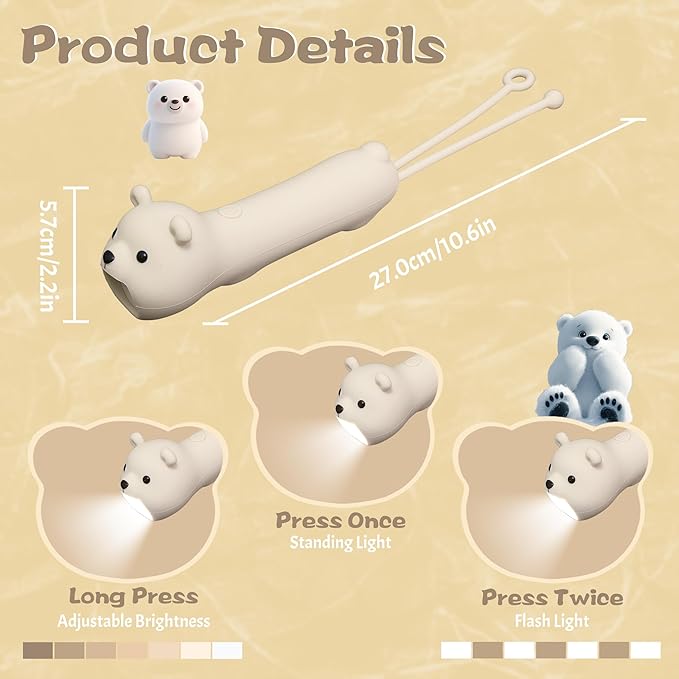 Silicone Polar Bear Flashlight, Dimmable Rechargeable Hanging Night Light for Camping, Night Walks and Home Use, Animal Themed Themed Portable Torch