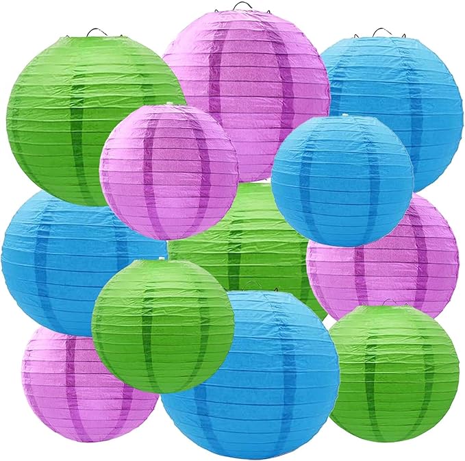 Blue Green and Purple Paper Lanterns 12Pcs Hanging Round Paper Lanterns Decorative for Graduation Baby Shower Wedding Birthday Family Parties ﻿