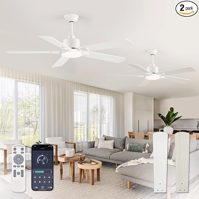 ZMISHIBO 2 Pack 52" Ceiling Fan with Light and Remote, White Modern Indoor | 24W 2400LM Bright LED, 3CCT, Dimmable, App Control, Farmhouse Dual Finish Blades, Quiet&Strong Motor for Bedroom, Living Room