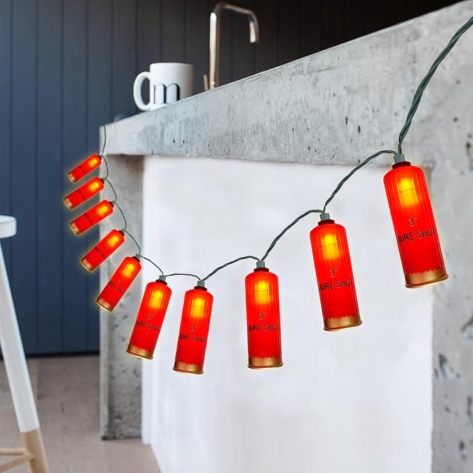 SUNSGNE Red Shotgun Shell String Lights - 8.5ft Plug-in Red Christmas Lights with 10 LED Bulbs for Christmas Hunting-Themed Party Decor