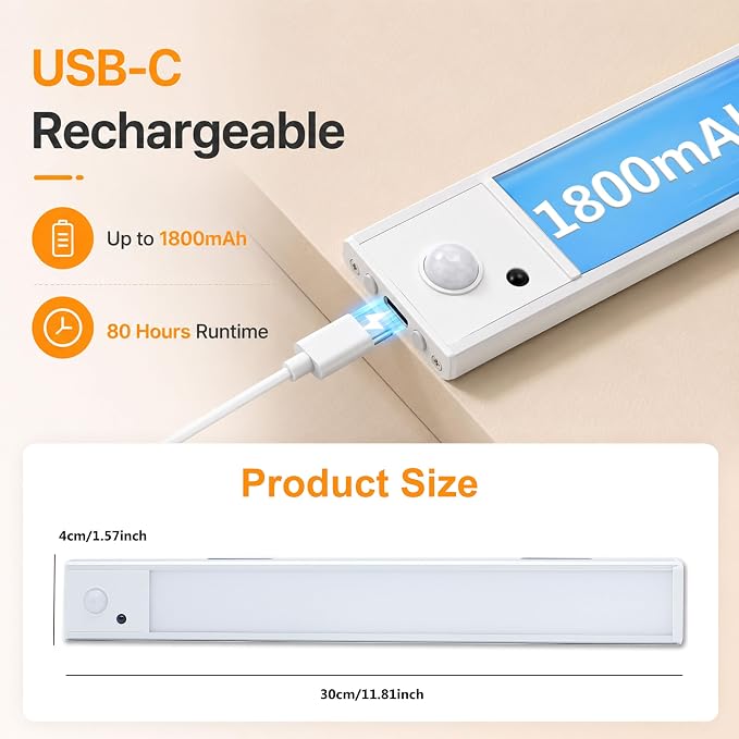 Zhuanxu 12inch Under Cabinet Lighting Wireless, Closet Light, Rechargeable LED Motion Sensor Indoor, 3 Color Temps&4 Modes Kitchen Light, Long Lasting, Stick-On Magnetic Led Lights for Bedrooms, 2PC