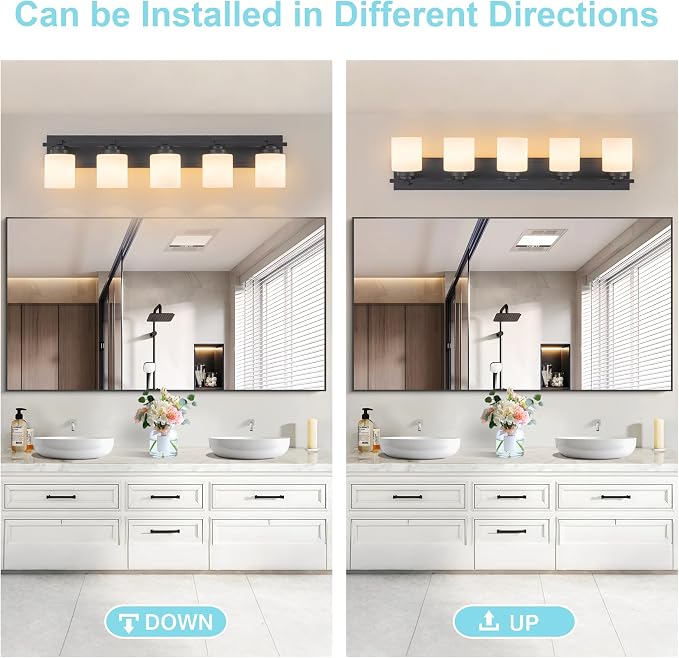 Modern Bathroom Light Fixtures Over Mirror, Vanity Lights for Bathroom Wall Sconces with Milky White Glass Shades, E26 Socket (Bulbs Not Included), 5 Light, Black
