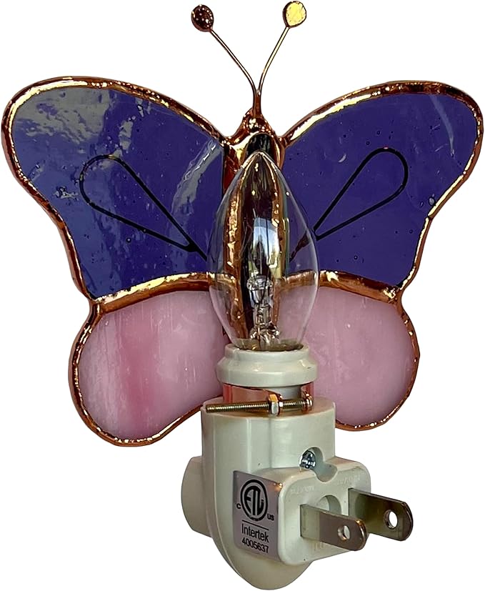Gift Essentials Pink and Purple Butterfly Plug in Night Light - Stained Glass Nightlight with On/Off Rocker Switch - Includes One 4 Watt Replaceable Incandescent Warm Glow Bulb