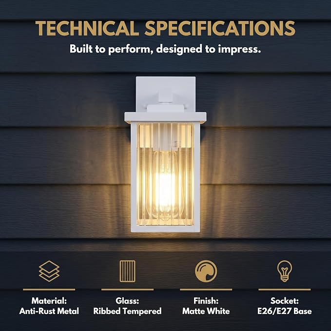 White Porch Light, Waterproof Outdoor Wall Light | Corrosion-Resistant Metal, Textured Glass Cuts Glare, Easy DIY Install on Porch, Garage