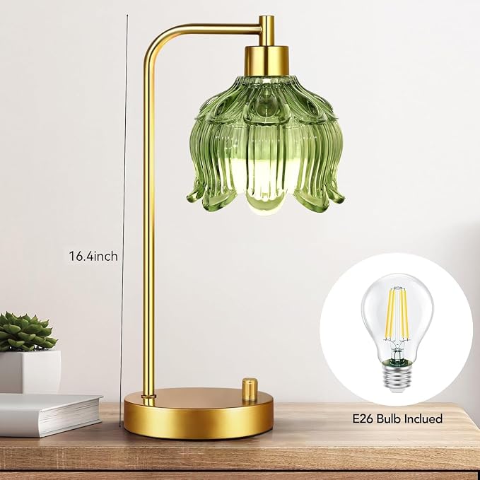 ILLMTW Glass Table Lamp Set of 2,Small Gold Bedside Lamps Dimmable Boho Bedroom Lamp with Tulip Flower Green Lamp Shade,Vintage Mid Century Modern Mini Nightstand Lamp for Bedroom Living Room