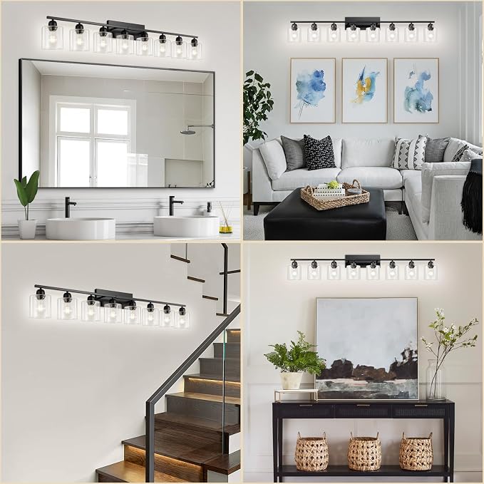 Modern 8 Light Bathroom Light Fixtures, 52 inch Vanity Lights for Bathroom with Clear Glass, Black Bathroom Light Fixture for Mirror Kitchen Living Room Hallway Cabinet Porch