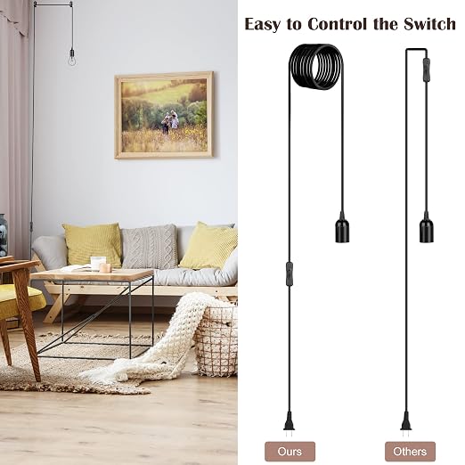 JACKYLED UL-Listed 20Ft Extension Hanging Lantern Cord Cable 2-Pack Black | 360W with E26 E27 Socket On/Off Button Pendant Lighting