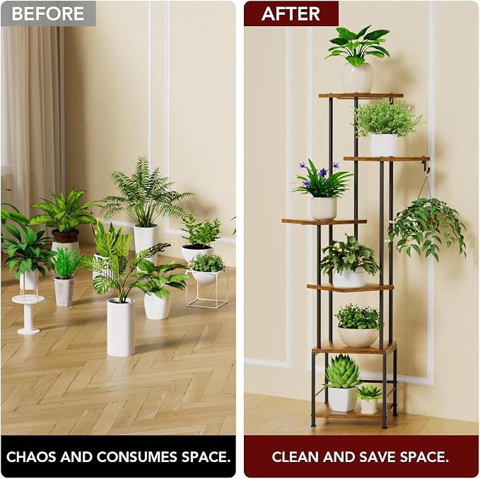 Plant Stand Indoor with Grow Light - 6-Tier Metal Plant Shelf with Hanging Basket Hook, Corner Tall Flower Holder for Multiple Plants, Living Room Balcony Garden Patio, Rustic Brown