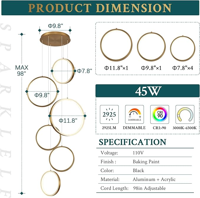 6 Rings Modern LED Chandelier for High Ceiling Dimmable Gold Contemporary Pendant Light Fixture Long Foyer Chandelier for Entryway Staircase Dining Room Living Room, 3000-6500K