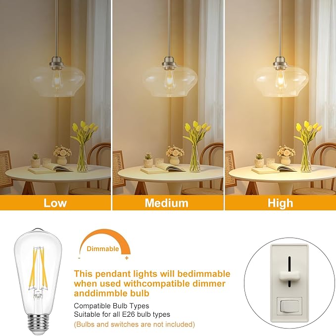 Modern Pendant Lights Kitchen Island, Brushed Nickel Pendant Light Fixtures with 11" Clear Glass Shade, Industrial Hanging Pendant Lights Fixture for Kitchen Island Dining Room Bedroom Foyer Entryway
