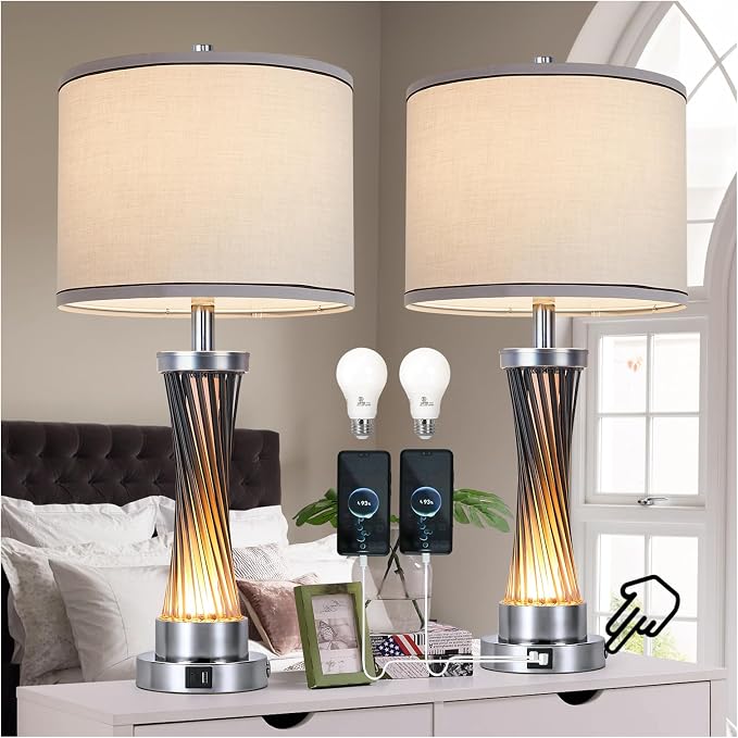 3-Way Dimmable Table Lamp Set of 2,Touch Control Lamp with Night Light,Modern Blue Crystal Table Lamps for Bedroom,Living Room，Bedside Lamps with USB A+C Ports，Fabric Lampshade(Blubs Included)