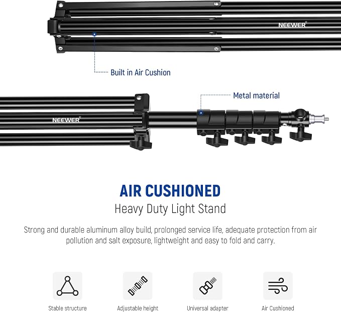 NEEWER 9.8ft/3m Air Cushioned Light Stand, Heavy Duty Metal Photography Tripod Stand with 1/4" to 3/8" Reversible Spigot, 3 Way Mounting Interface & Metal Locking Knobs, Max Load 5.5lb/2.5kg | Photography Tripod Stand, 1/4" to 3/8" Reversible Spigot, 3...