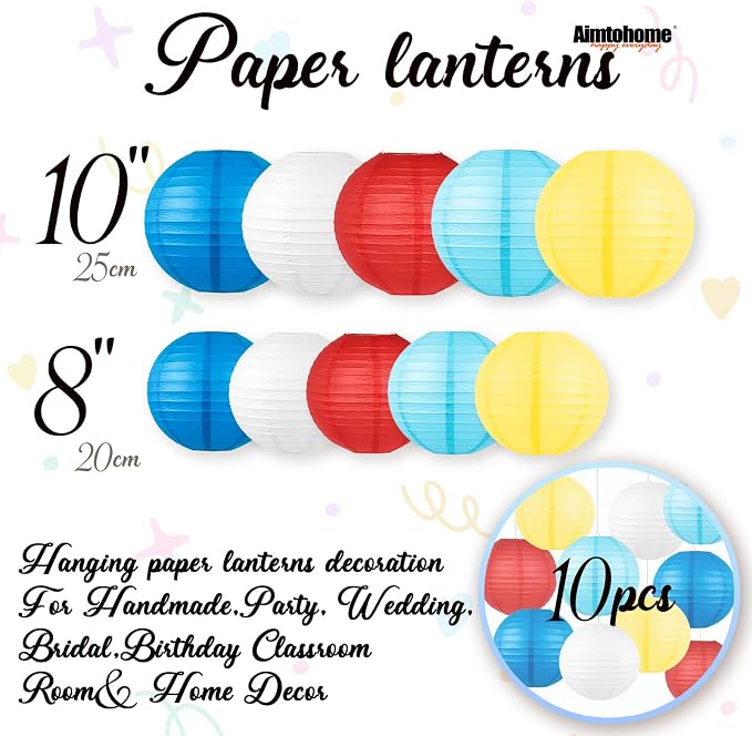 Blue, Red,Yellow,white Paper Lanterns Set (10 Pcs)- 8/10 Inch Round Hanging Paper Lanterns for Cartoon Birthday, Circus Party, Wedding, Classroom Decor, Baby Shower & Kids’ Room Accents