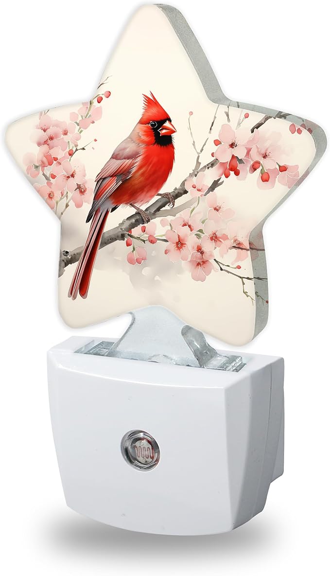 Cardinal Bird Night Lights Plug Into Wall,Spring Peach Blossoom Flowers Dusk to Dawn Light Sensor Night Light for Kids, Energy Efficient Sleep Friendly Lamp for Bedroom Bathroom Nursery