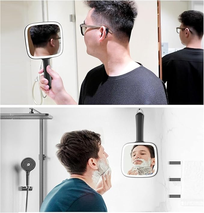 Famihomii Hand Mirror with 30X Magnifying Detachable Mirror, Lighted Handheld Mirror, Lightweight & Durable, Portable & Hangable for Makeup, Hair Styling, Shaving, Battery Operated