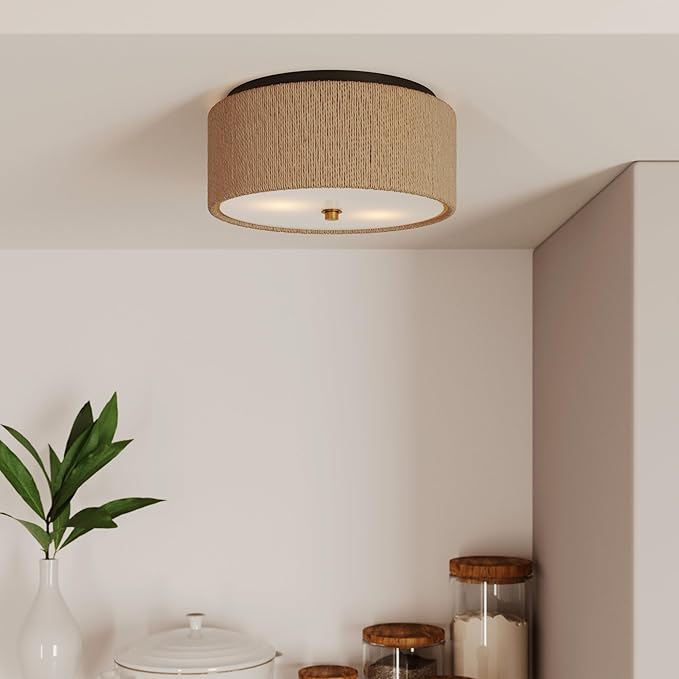 Nathan James Juluca Boho Light Fixture, Flush Mount Ceiling Light with Frosted Glass Diffuser, Rustic Boho Ceiling Light with Seagrass Shade