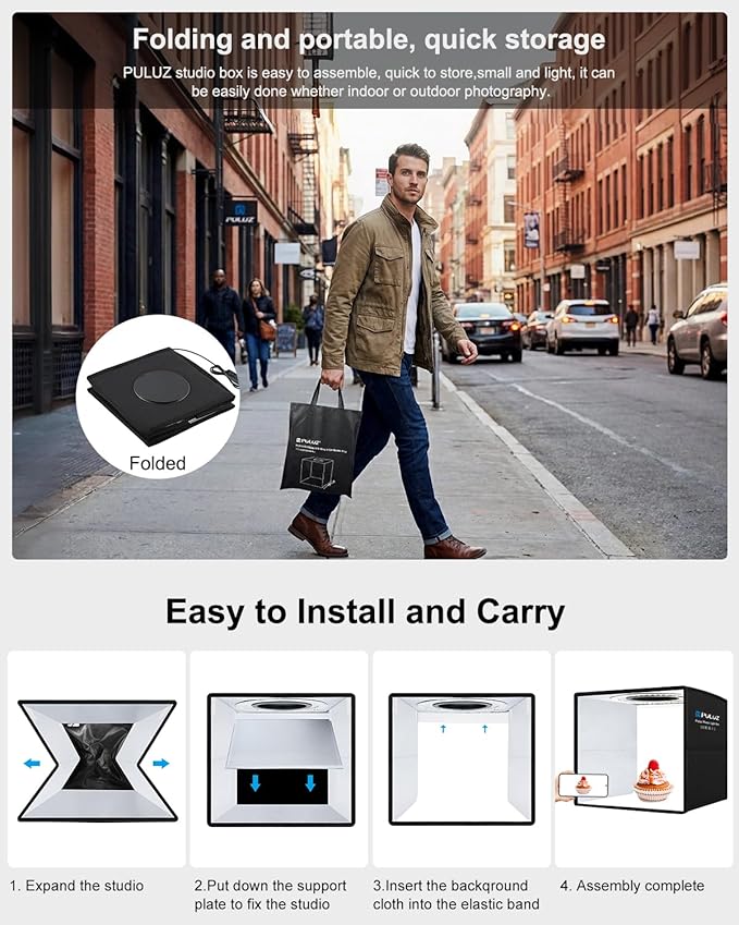 Photo Studio Light Box, PULUZ Mini Folding Lightbox LED Ring Light Portable Photo Box Shooting Tent Box Kit 12 Colors Backdrops USB Light Box Photography for Small Items Product Photography 10"x10"