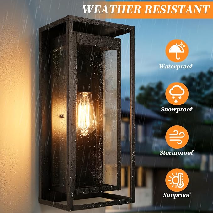 19" Large Outdoor Wall Light Fixtures, Black Porch Light, 2 Pack | Large Size, Anti-Rust, Waterproof, Tempered Glass, Easy Installation, Modern Exterior Sconces for House Entryway Garage