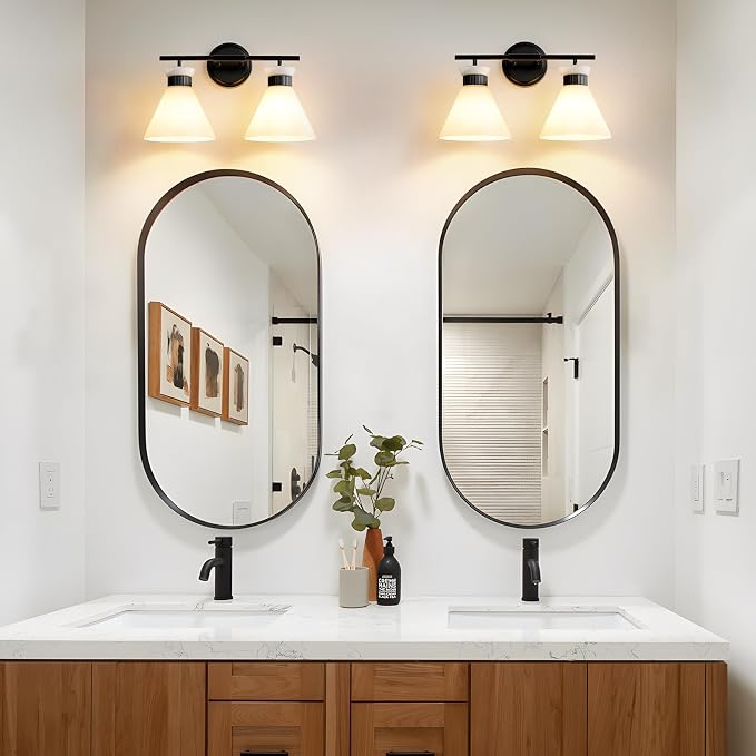 WOSHITU Black Bathroom Vanity Light Fixtures: Bathroom Lighting Fixtures Over Mirror 17.3 inch with Milky White Frosted Glass, 2-Lights Mid Century Modern Vanity Lighting Wall Light(Exclude Bulb)