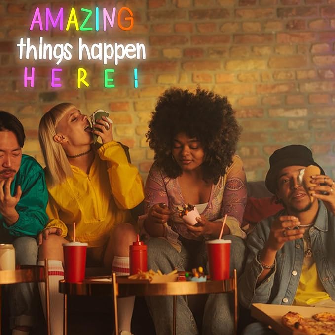 Amazing Things Happen Here Neon Sign Positive Letters Neon Light Sign Dimmable Colorful LED Words Neon Light for Wall Decor Bedroom Party Shop Office Classroom
