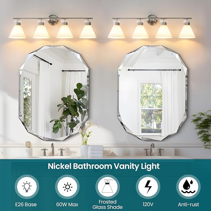WOSHITU Bathroom Light Fixtures: Brushed Nickel 4 Lights Bathroom Vanity Lights Over Mirror with Milky White Frosted Glass Shade, 36 inch Farmhouse Vanity Lighting Sconce (Exclude E26 Bulb)