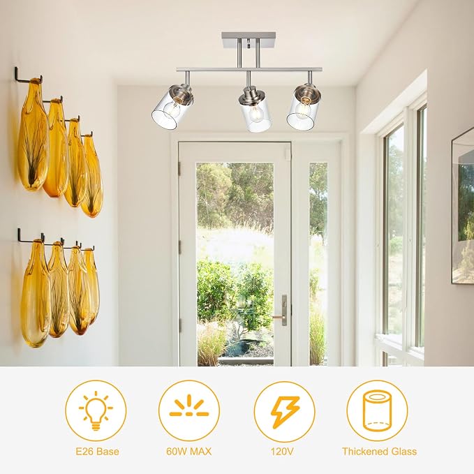 Yaohong 3-Light Track Lighting Kit Brushed Nickel Track Lighting Fixtures, Bathroom Wall Light Ceiling Mount Rotatable Spotlights, Kitchen Ceiling Light Fixtures with Glass Shade for Bathroom Hallway
