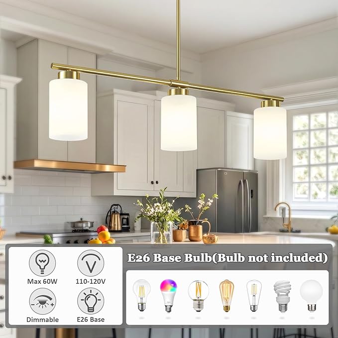 3-Light Gold Kitchen Island Lighting 31" Pendant Light with Milk Glass Shade Adjustable Height Linear Chandelier for Dining Room Modern Farmhouse Light Fixture Over Table, Bar, Living Room, Foyer, E26