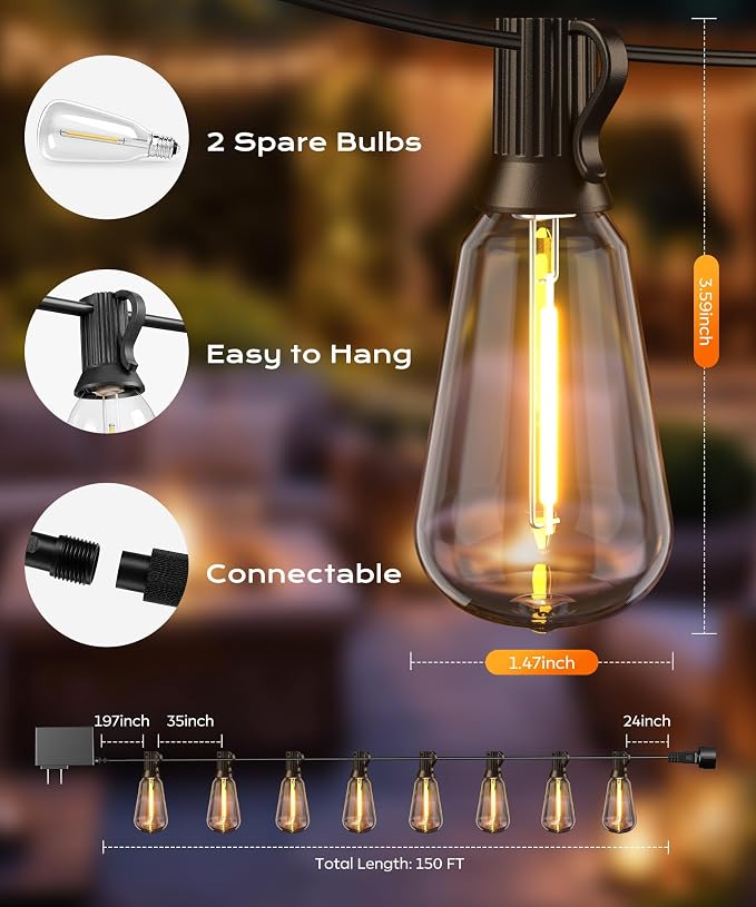 Outdoor String Lights, 150 FT Patio Lights for Outside | Smart App & Remote Control with Timer, Dimmable with 4 Scene Modes, Warm White Waterproof LED Bulbs for Garden, Yard Decor