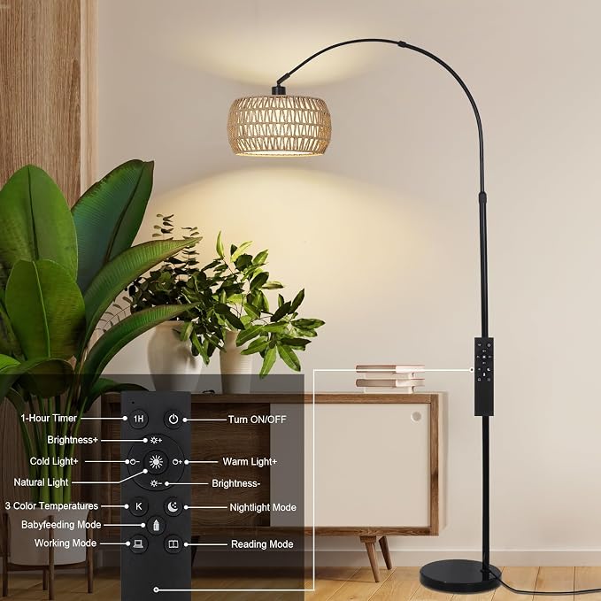 Arc Floor Lamps for Living Room with 3 Color Temperatures, Black Standing Lamp with Remote & Dimmable LED Bulb, Rattan Boho Floor Lamp, Farmhouse Tall Lamp for Bedroom, Over Couch Arched Reading Light