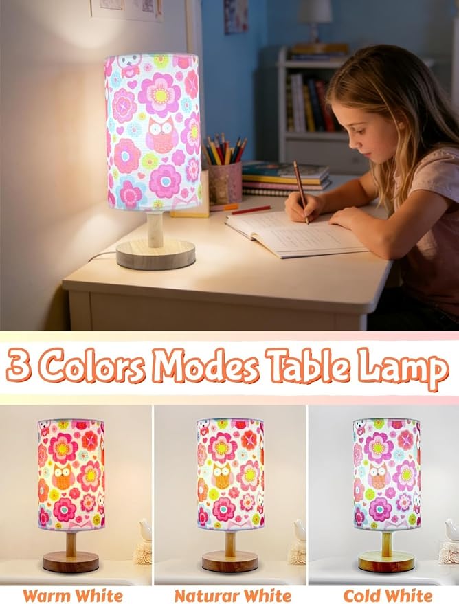 Owl Flower Kids Table Lamp for Bedroom Girls Bedsid Lamps,3-Way Dimmable Wood Base Nightstand Night Light with Cartoon Pattern Lampshade for Bedroom Living Kid Room Study for Kawaii Gift for Girls