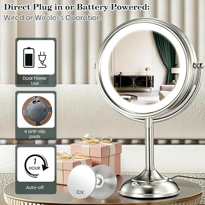 11.8" Extra Large 17" Tall Lighted Makeup Mirror, 1X/5X/10X 3-Sided Magnifying Mirror with 96 LEDs, 3 Color Dimmable Lights, 360° Swivel Dual Power Vanity Mirror, Nickel Finish Luxury Gift Box