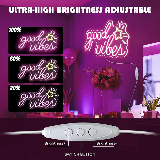 Good Vibes Neon Sign, 16 * 8.6 Inches Led Sign, Neon Signs for Wall Decor with Dimmable Switch, Powered by USB Light up Sign, Pink Neon Lights for Teen Girls Bedroom, Salon, Party