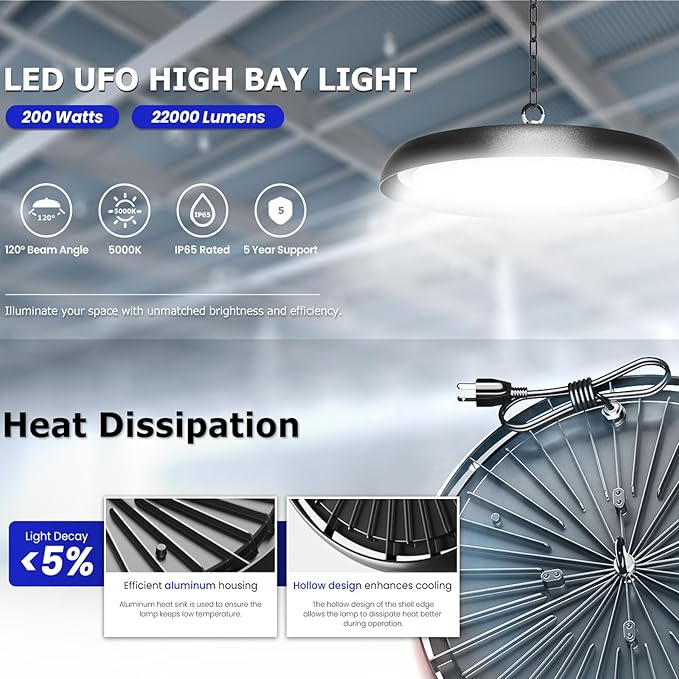 10Pack 300W UFO LED High Bay Light,33000lm 6000K Daylight 3000W Equivalent with 59inch US Plug Cable Garage Lights Commercial Warehouse Bay Light for Garage Factory Lowbay Area Lighting