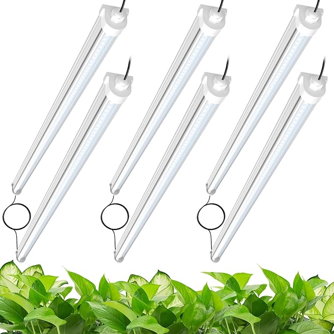JESLED Waterproof T8 Grow Lights, 4FT 5000K Full Spectrum Daylight, 6Packs | 288W(6 X 48W)1800W Equivalent, V-Shaped Beam, On/Off Switch, Linkable Plant Light Strip for Greenhouse, Shelf, Indoor Outdoor