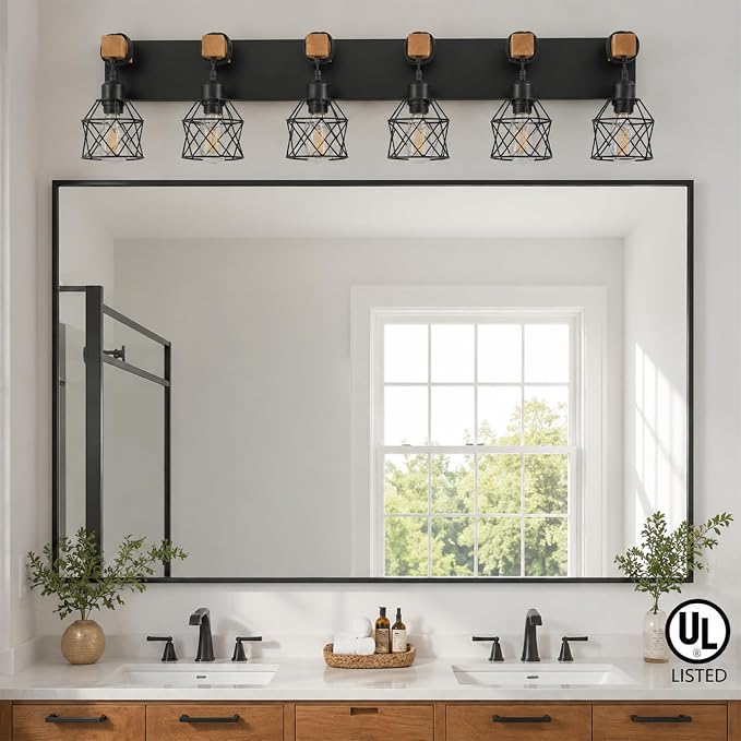 Farmhouse Vanity Light Fixture,6-Light Bathroom Lighting,Black Industrial Wood Wall Light Over Mirror with Metal Shade,LED Bulbs Not Included