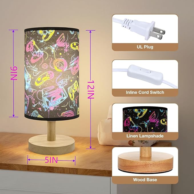 Gaming Table Lamp Video Game Desk Lamp for Bedroom Gaming Room Decor Lamps | 3 Lighting Modes LED Nightstand Night Light,Wood Gaming Themed Bedside Lamp for Boys Girls Teens Game Lovers Birthday Gifts
